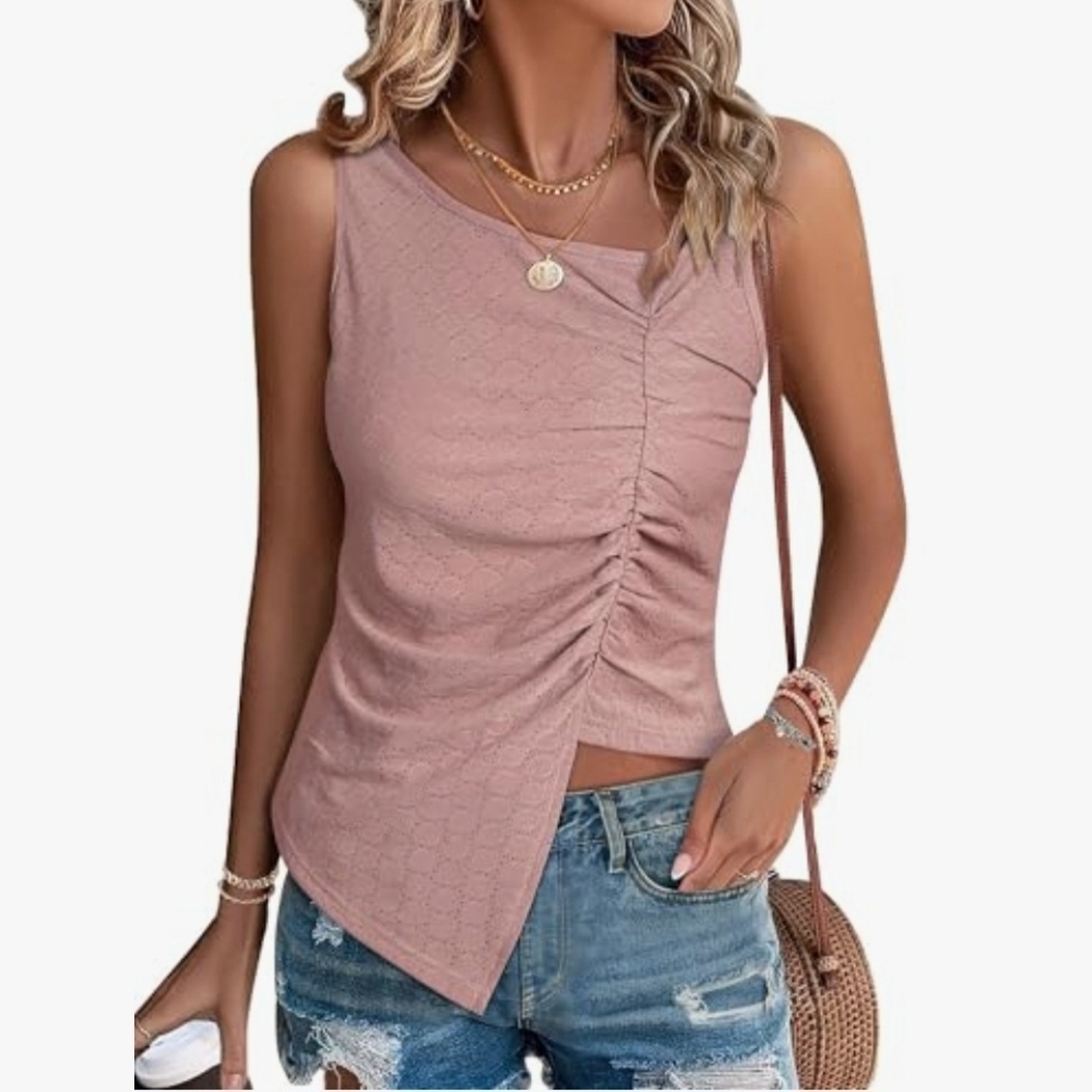 OUNAR Womens Eyelet Embroidery Tank Top Pleated Cami Ruched Asymmetrical Mauve